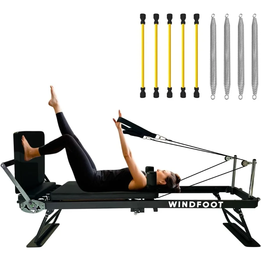 

Foldable Pilates Reformer Machine with Springs Cords for Home Workout in Black for All Level Users