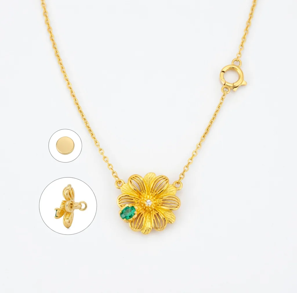 

Hollow Flower Green Gem Diamond Inlaid Pendant Necklace Set for Women Light Luxury Niche Design Sweater Chain