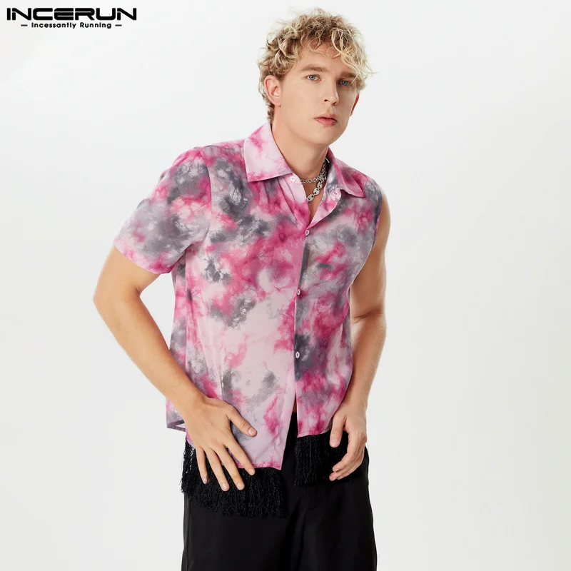 

INCERUN Tops 2024 American Style Handsome Men's Tie Dyed Irregular Hem Patchwork Tassel Shirts Summer Fashion Male Blouse S-5XL