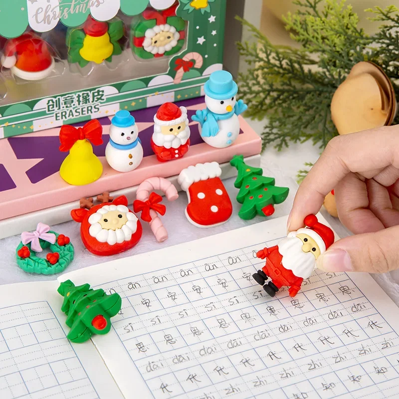 4Pcs/Box Christmas Santa Pine Tree Boxed Eraser Set Xmas School Kids Gifts Kawaii Carton Pencil Rubber Writing Correct Supplies