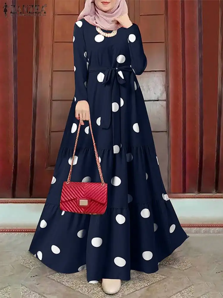 ZANZEA Women Spring Muslim Dress Elegant Casual Loose Abaya Kaftan Sundress  Long Sleeved Polka Dots Printed O-Neck Maxi Robe