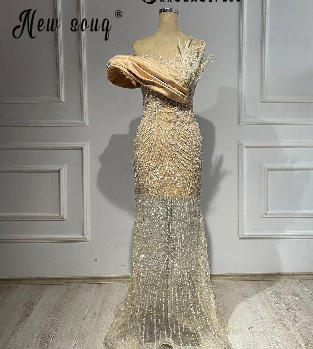 Champagne Nude Off Shoulder Formal Long Party Dress Chi 3D Appliques Evening Gowns Luxury 2024 Dubai Occasion Dresses Beading