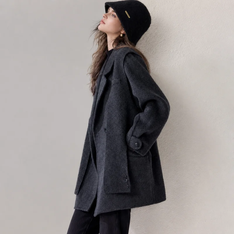 Women's Notched Lapel Double Breasted Mid Length Coat, Oversized Loose Fit Fall Winter Jacket