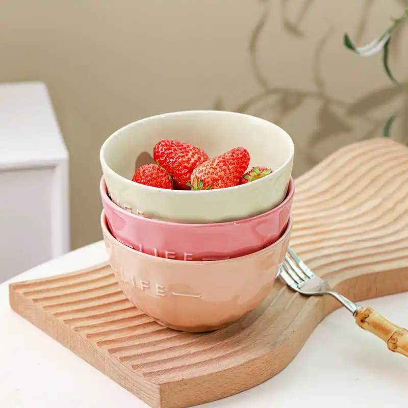 Solid Color Ceramic Dessert Bowl Letter Embossed Rice Bowl Simple Breakfast Milk Oatmeal Bowl Kitchen Tableware