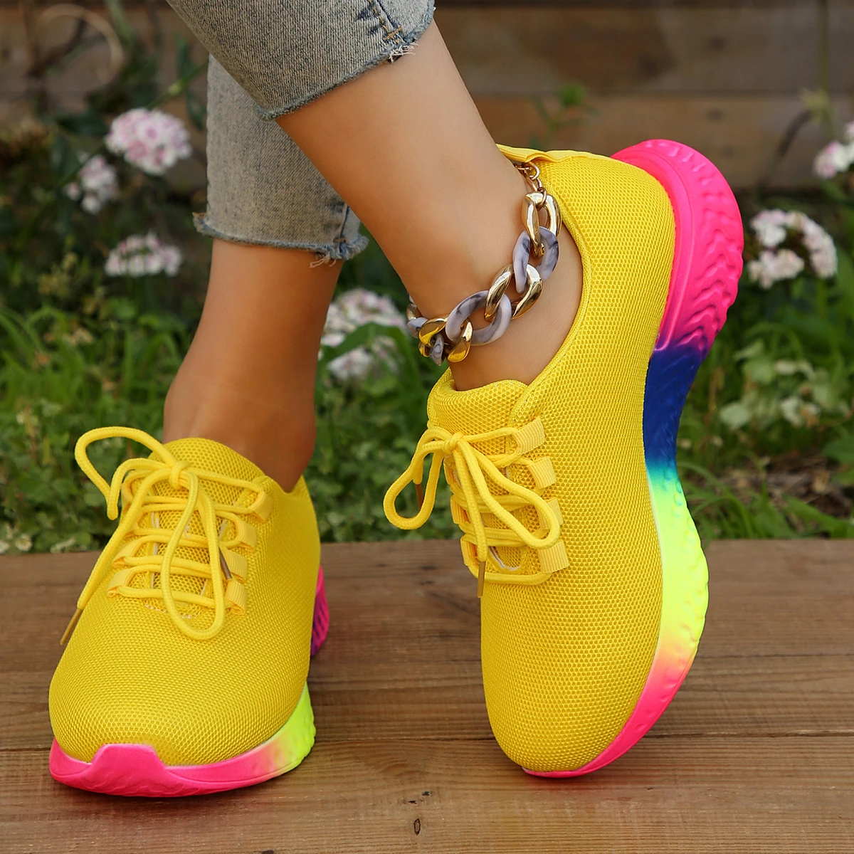 Fashion Rainbow Sole Knit Sneakers Women Mesh Breathable Platform Sports Shoes Woman Non Slip Yellow Running Sneakers Plus Size