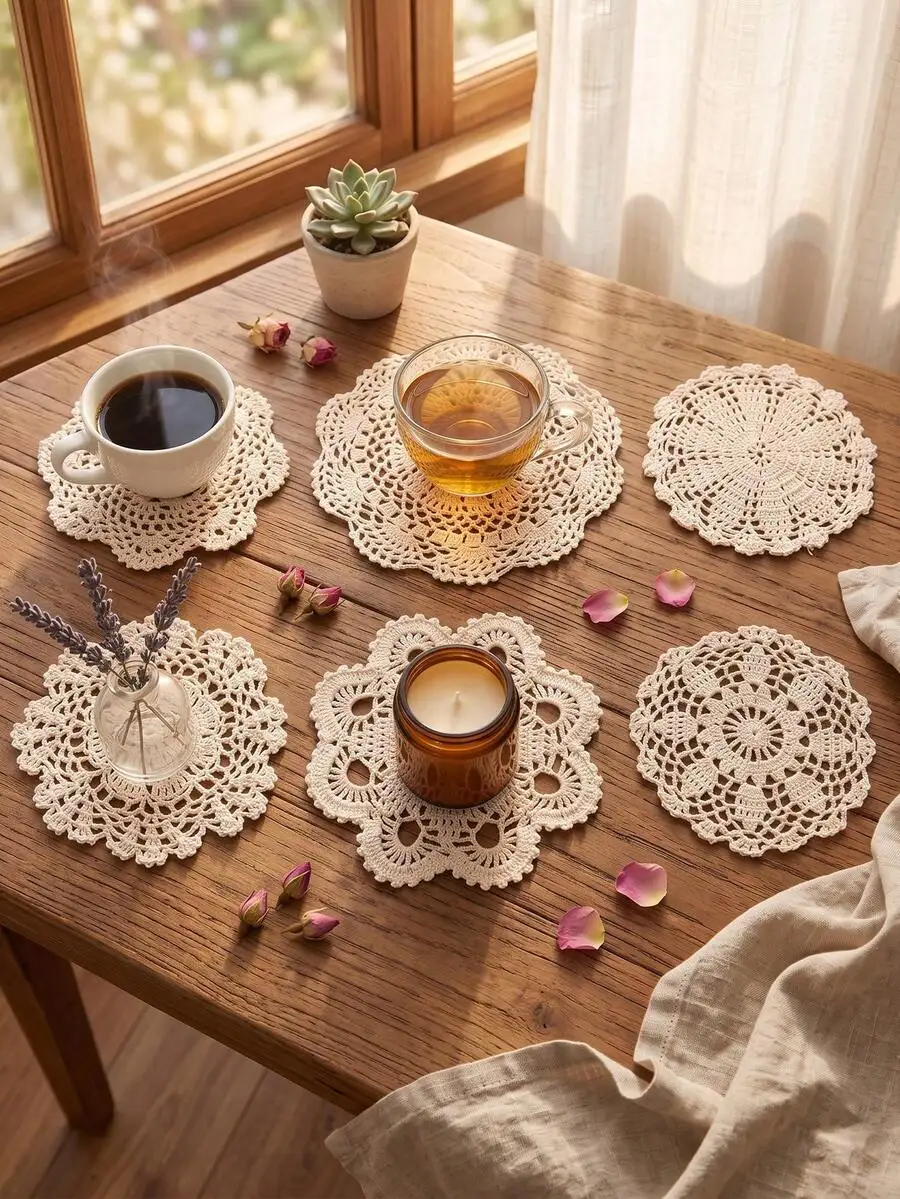 6pcs Vintage Handmade Crochet Lace Table Mat Set, Hollow Floral Round Coasters, Country Farmhouse Style Dining Table Coasters, W