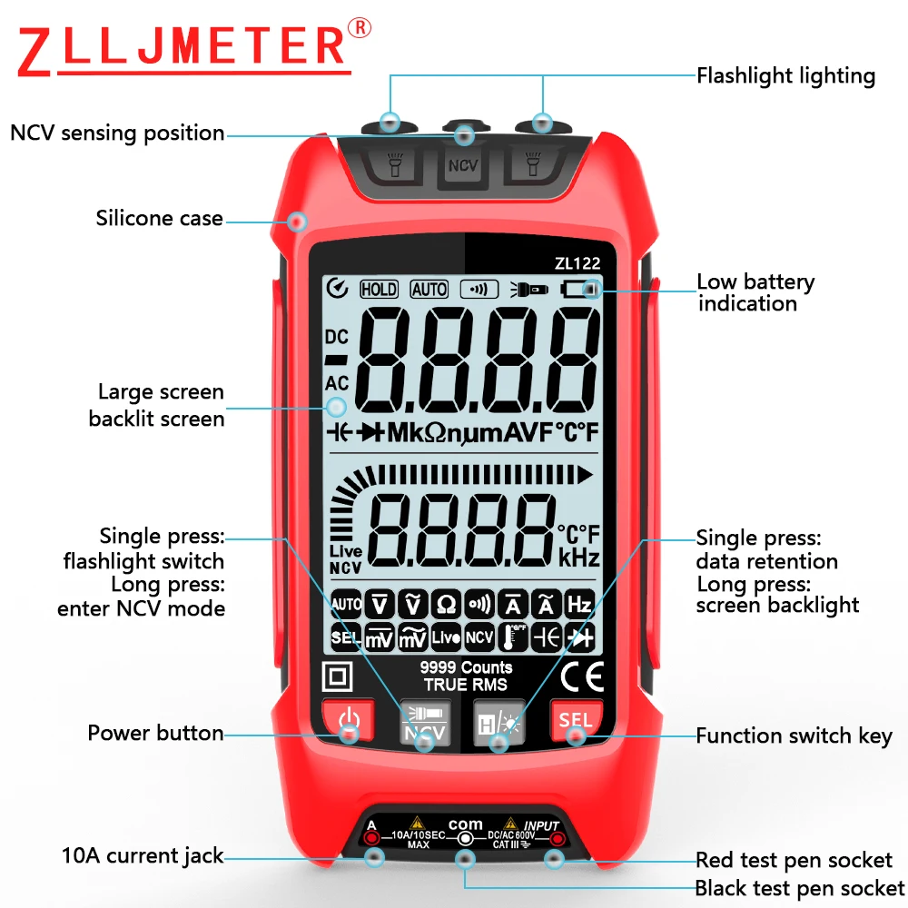 ZLLJMETER cyfrowy tranzystor multimetru Smart Testers 9999 zlicza True RMS automatyczny opór elektryczny miernik pojemności Temp.