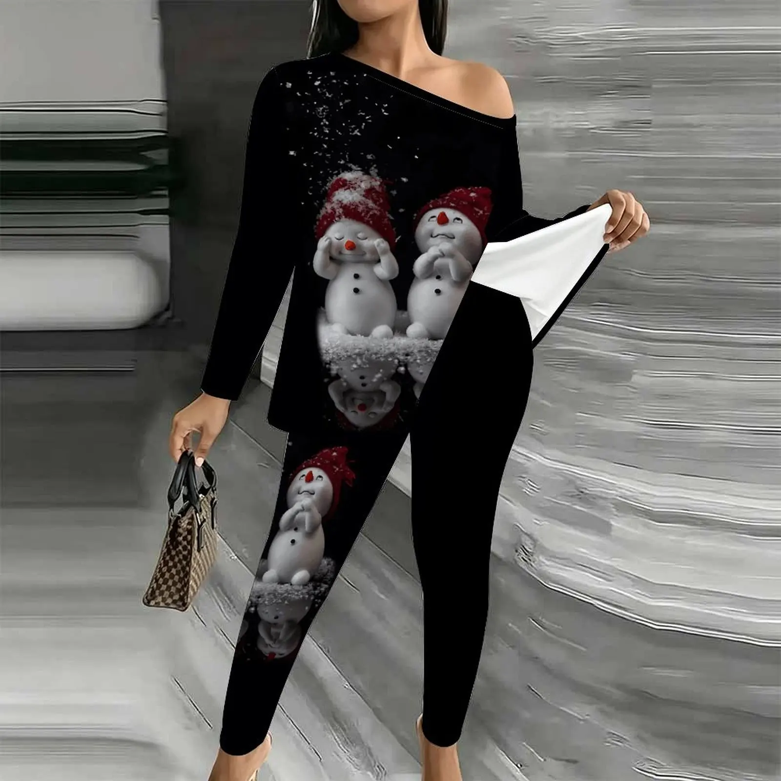 Autumn Printed Two-piece Set Off Shoulder T-shirt Winter Women's Diagonal Collar Long Sleeved Christmas Jogging Pants