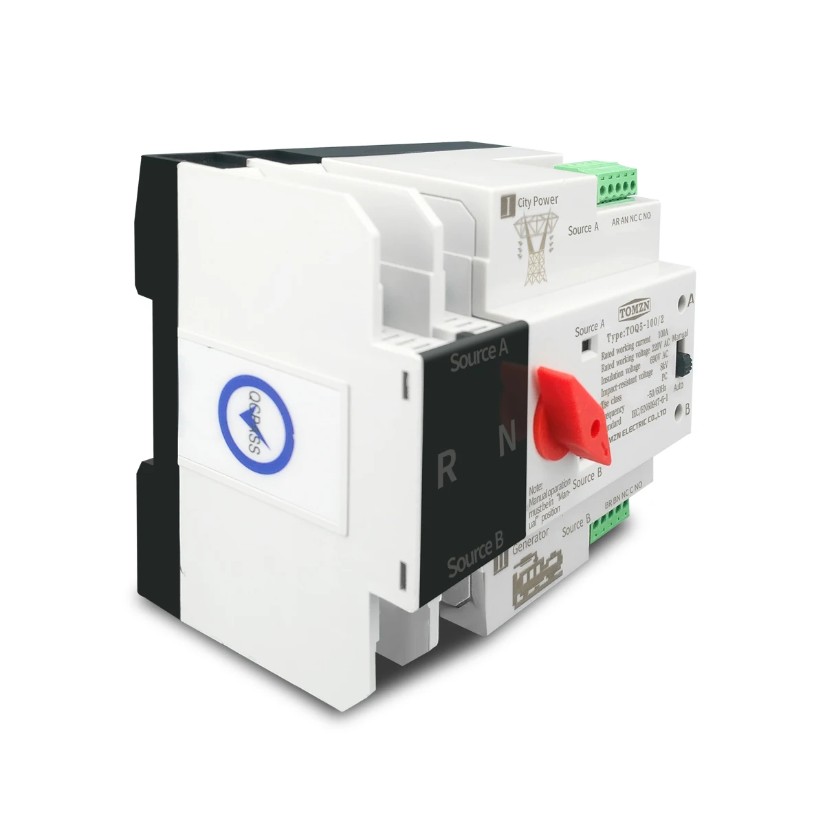 TOMZN Din Rail ATS L N 220V 110V Dual Power Automatic Transfer Electrical Selector Switches Uninterrupted 2P 63A 100A 125A