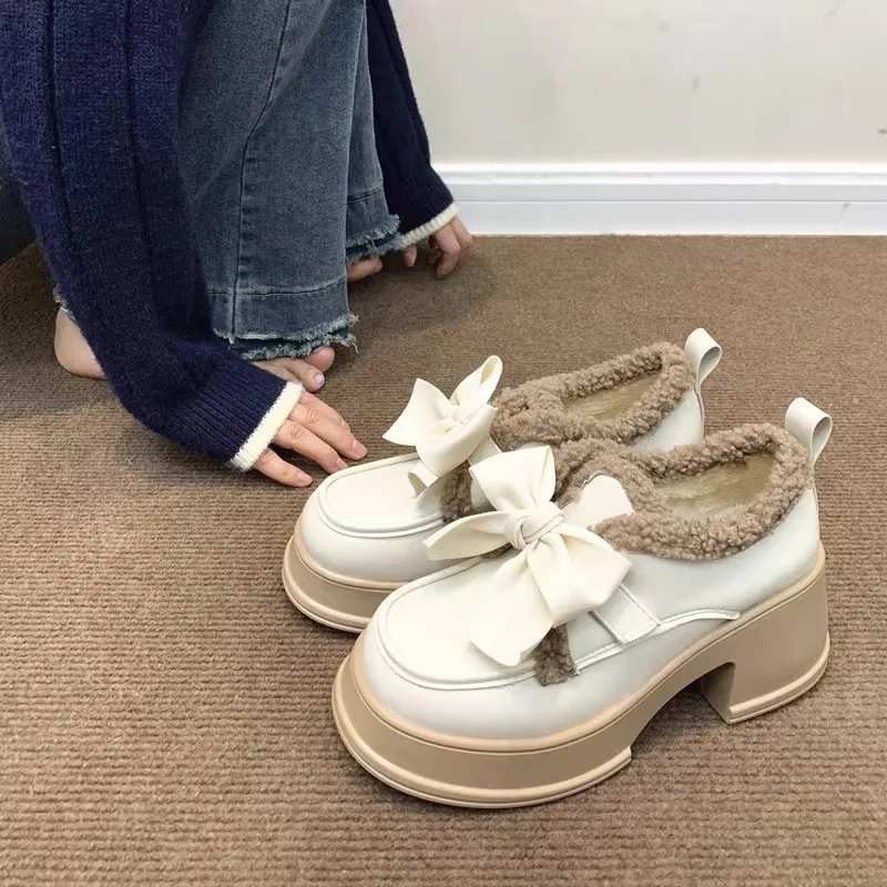 

British Style Fleece-Lined Women's Leather Shoes Winter Thick Sole Platform jk Uniform College Style Cotton Shoes