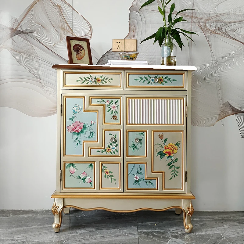 

Shoe cabinet, small apartment, solid wood painted chest of drawers, champagne silver, large capacity multi-layer