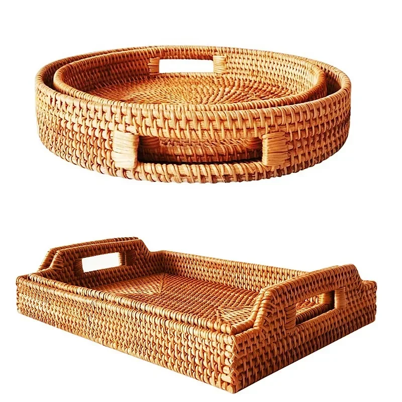 

Eco Firendly Rattan Storage Tray Handwoven Wicker Basket Bread Snack Food Plate Fruit Cake Platter Dinner Serving Tray Tea Tray