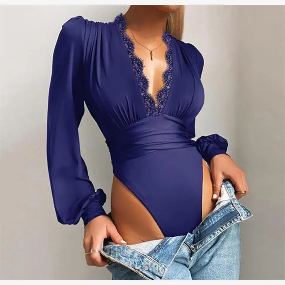 

Сексуальный кружевной комбинезон с v-образным вырезом и фонариком Long Sve, брюки с высокой талией, смесь полиэстера, модный универсальный летний женский костюм