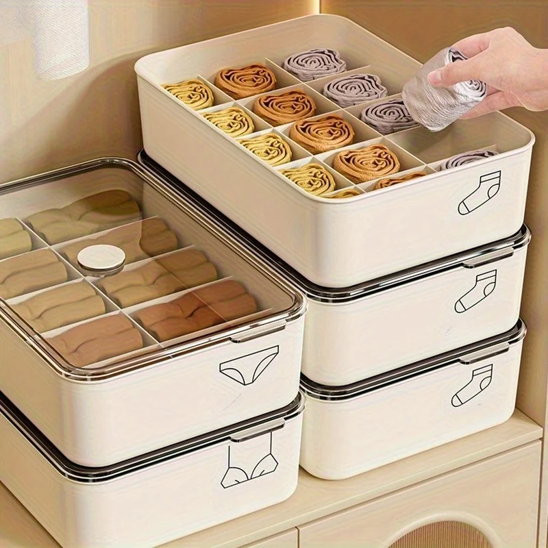 3pcs White Plastic Underwear and Sock Organizer Box - 10/15 Compartment Design | Lidless Transparent Cover | Wardrobe Storage