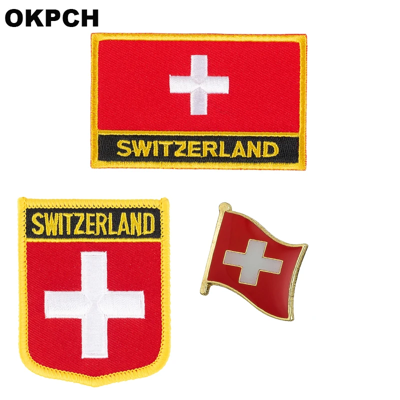 Switzerland National Flag Embroidered Iron on Patches for Clothing Metal badges PT0130-3