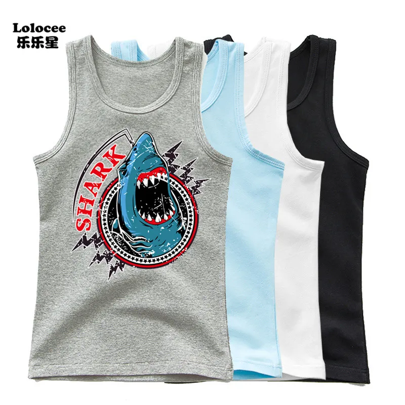 Boys Ocean Sea Shark Print Tank Tops Kids Cotton Vest Summer Casual O Neck Printed Sleeveless Tank Tops Holiday Party Clothing