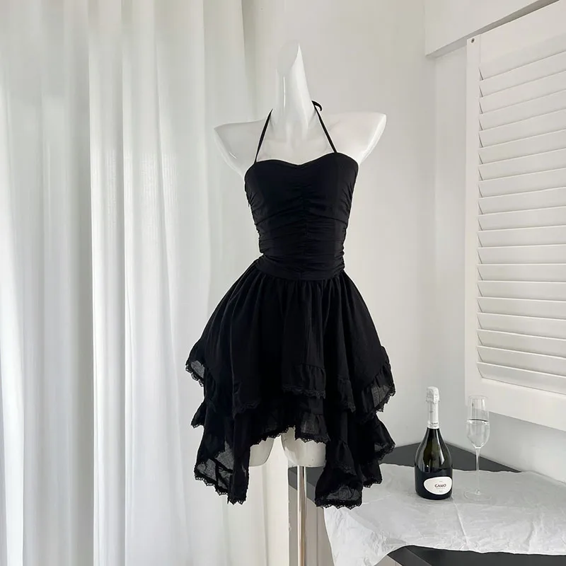 Sexy Halter Ruffles Hem irregolare Mini abito donna Y2K senza maniche Slim Fit abiti corti 2024 Summer Chic Party Vestido