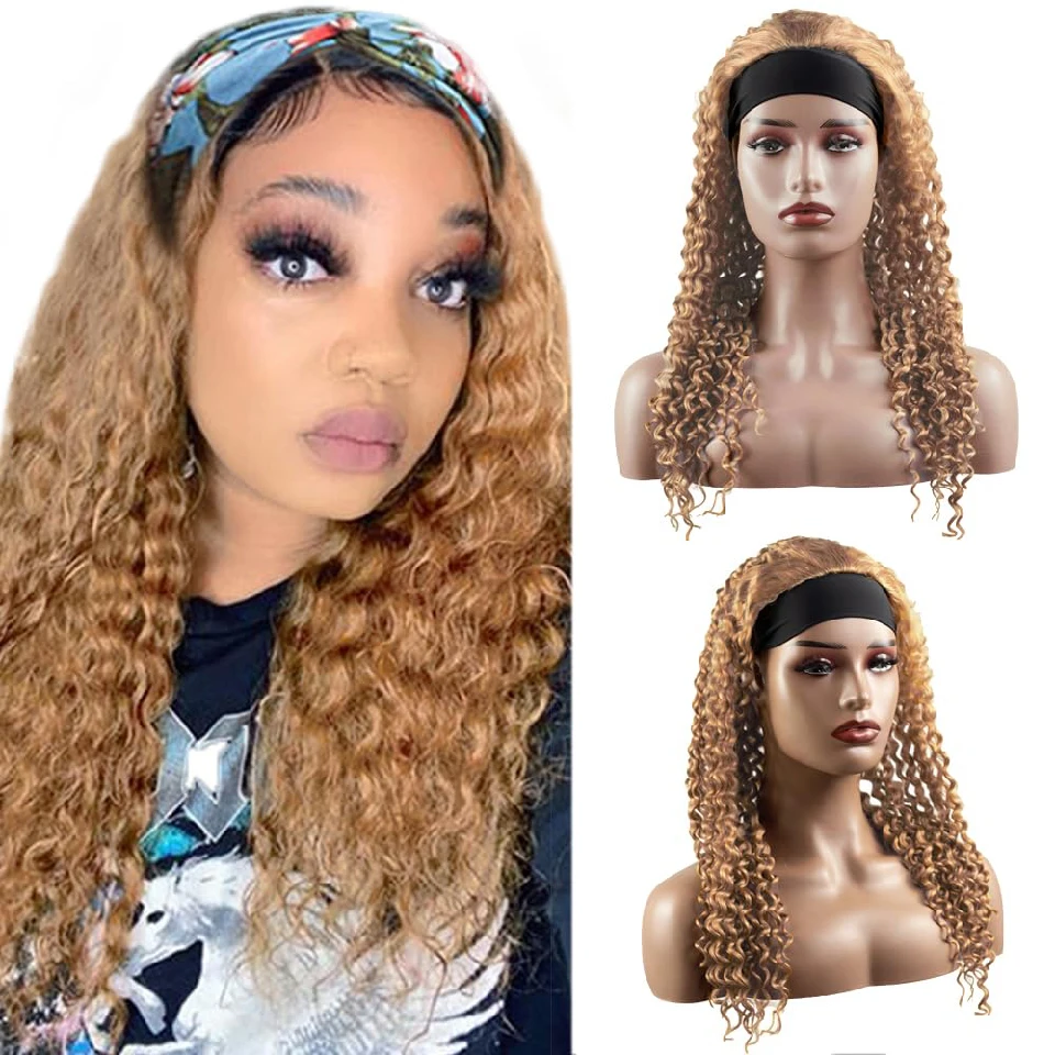 

#27 Blonde Curly Wave Headband Wigs Human Hair Honey Blonde Kinky Curly Wigs 180% Density Glueless Machine Made Brazilian Wigs