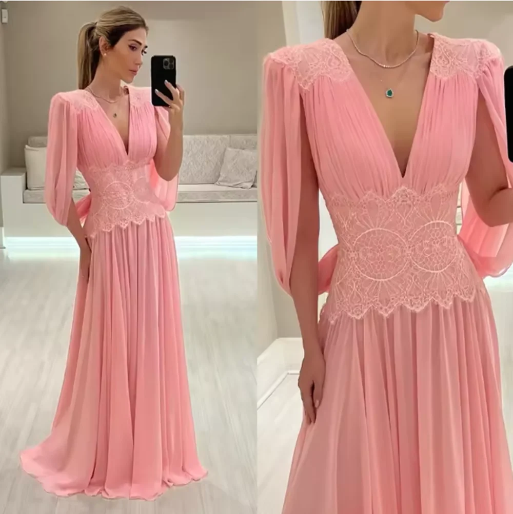 Personalizado elegante rosa mãe da noiva vestidos com decote em v capa vestido de convidado de casamento renda cintura até o chão vestidos de noite 2025