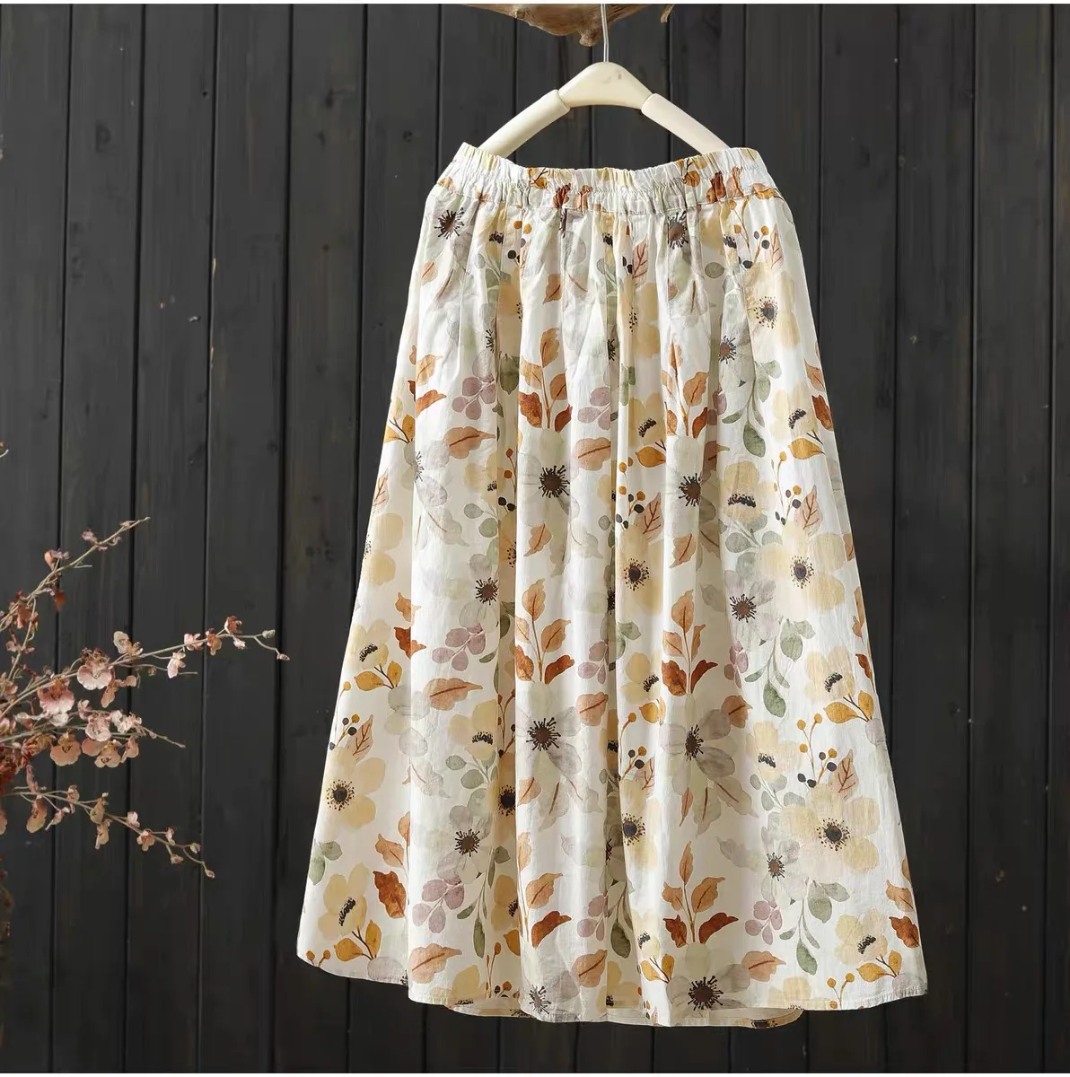 2026 Vintage Watercolor Floral Cotton Yarn Skirts for Women Spring Elastic Waist Flowy A Line Breathable Long Skirt