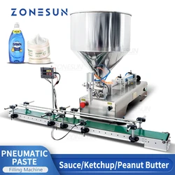 ZONESUN Riempitrice automatica per liquidi viscosi Riempitrice automatica per pasta con trasportatore Salsa di peperoncino Gel Imballaggio burro di arachidi ZS-DTGT1P