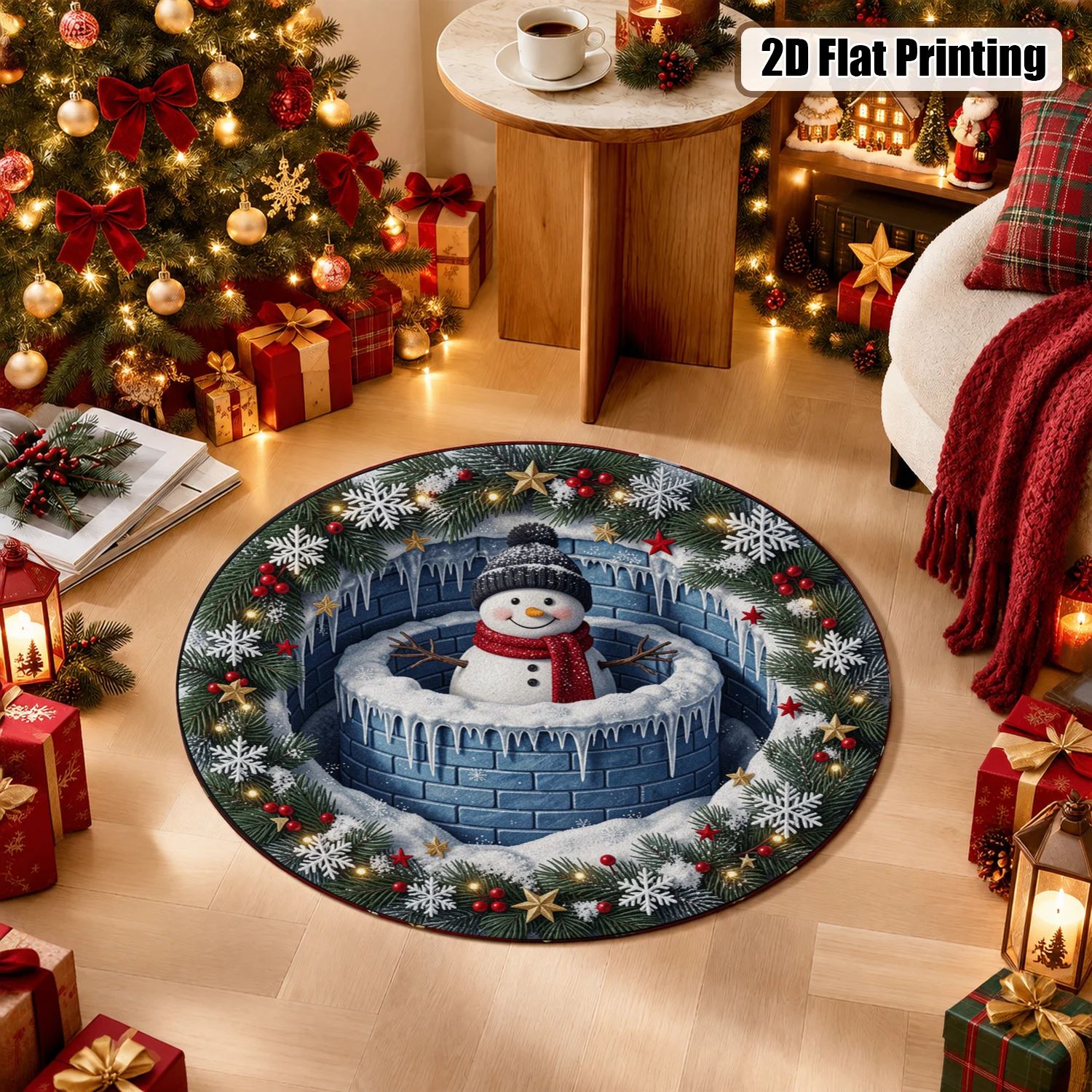 Winter Snowman Wreath Icicle Snowflake Pattern Round Velvet Rug Machine Washable Suitable for Living Room Entryway Bedroom Halloween Thanksgiving Christmas New Year Black Friday Cyber Monday