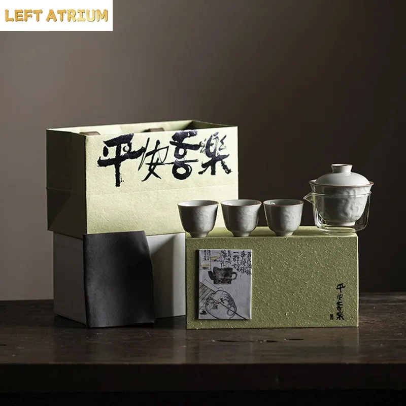 Boutique Handmade Relief Cover Bowl Set Household Three Friends of Winter Tea Set Aesthetic Tea Ceremony Set Cafes Collection