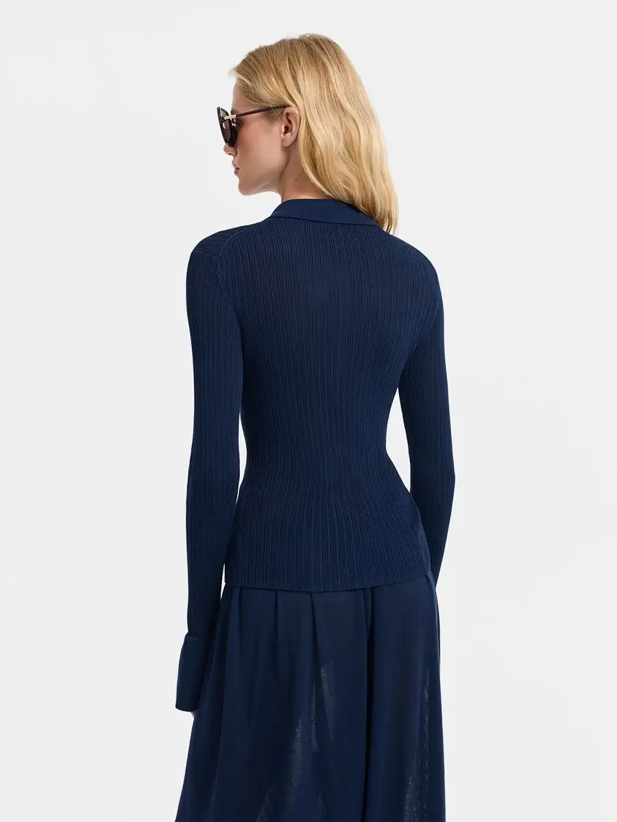 IG 2026 Women's Ribbed  Down Cardigan, Point Collar Long Sleeve Slim Fron Button Closure Pocket Detail Elegant  Sweater Top view 3