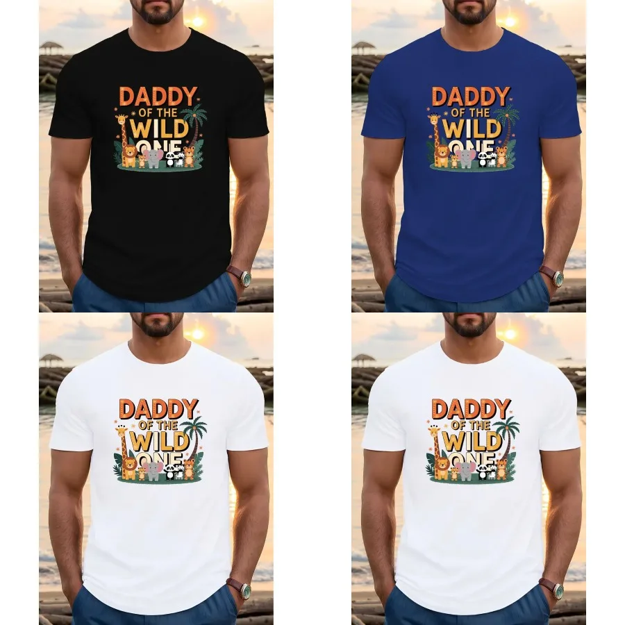 

【Хорошее качество】Мужская футболка с графическим принтом «Wild Dad» — футболка с принтом животных джунглей: горилла, лев, слон — легкая летняя модель.