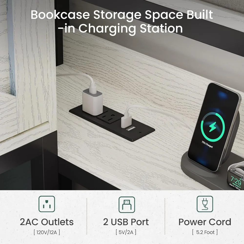 Estrutura de cama dupla XL de canto com gavetas de armazenamento, estação de carregamento e luzes LED Farmhouse Twin XL Daybed com cabeça de armazenamento