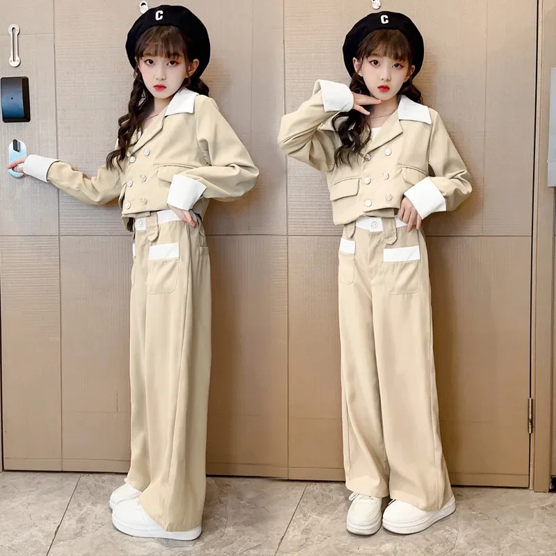 School Kids Clothes Set Spring Autumn Khaki Blazer Pants Two Pieces Teenager Children Costumes 12 13 14 Years Casual Girls Suit