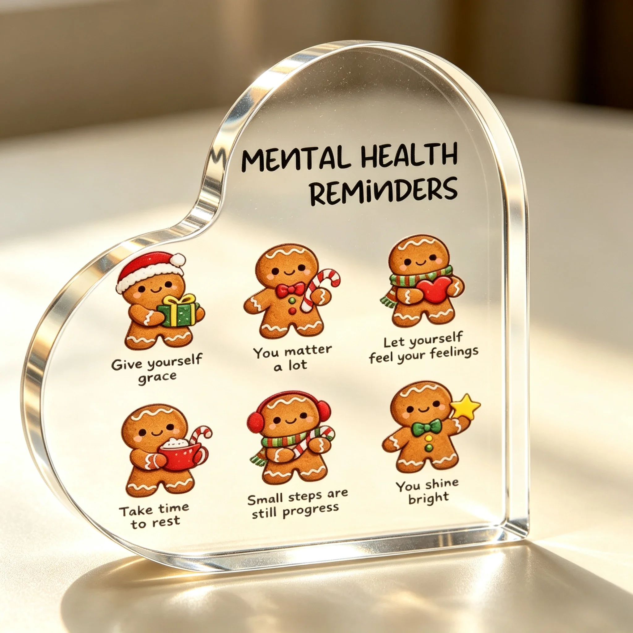 Gingerbread Man Mental Health Reminders Heart‑Shaped Acrylic Plaque,Christmas Decoration,Encouragement Holiday Gift