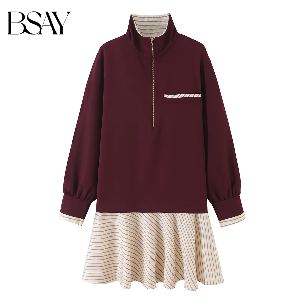 BSAY 2026 Autumn Half Zipper Stand up Collar Splicing Short Dress Lantern Sleeve Pocket Contrast Stripe Ruffle Loose Short Skirt