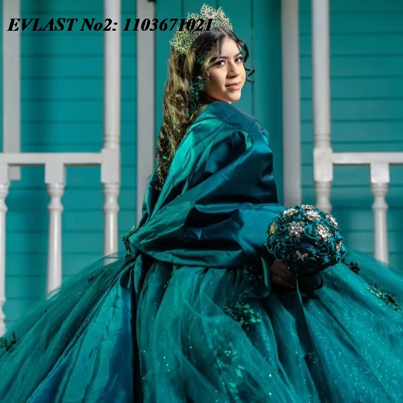 EVLAST Personalizado Brilhante Verde Enegrecido Quinceanera Vestido de Baile Floral Applique Beading Doce 16 Vestidos De 15 Anos E2Q13