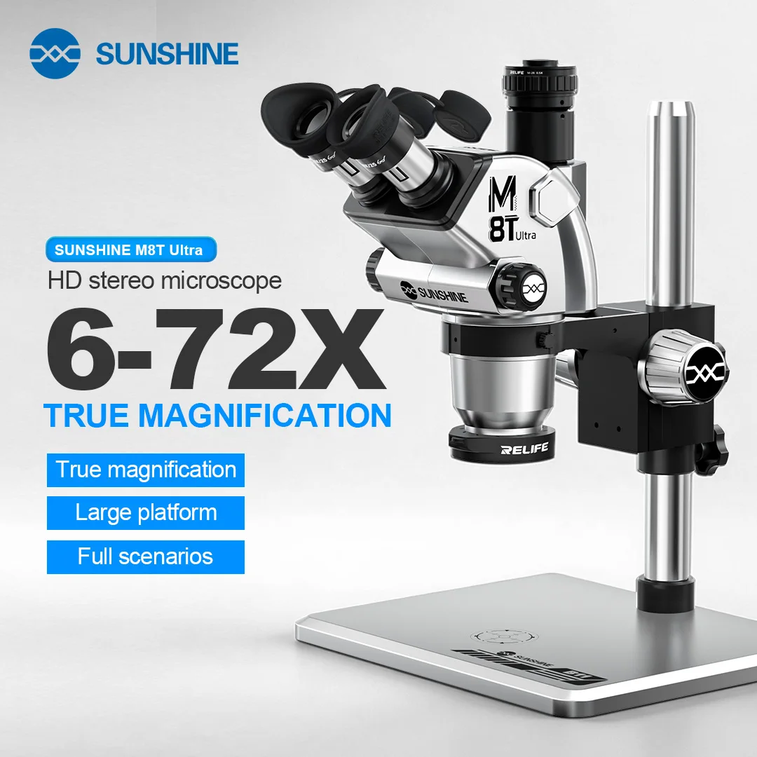 SUNSHINE M8T Ultra Trinocular Stereo Microscope Wide HD Field of View Phone Repair PCB Inspection Precision Microscope
