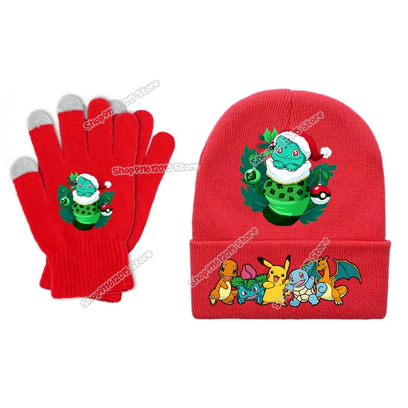 البوكيمون عيد الميلاد بيني قفازات دعوى بيكاتشو الاطفال محبوك قبعة القفازات الكرتون أنيمي صبي فتاة الشتاء قبعات دافئة سانتا كلوز هدية