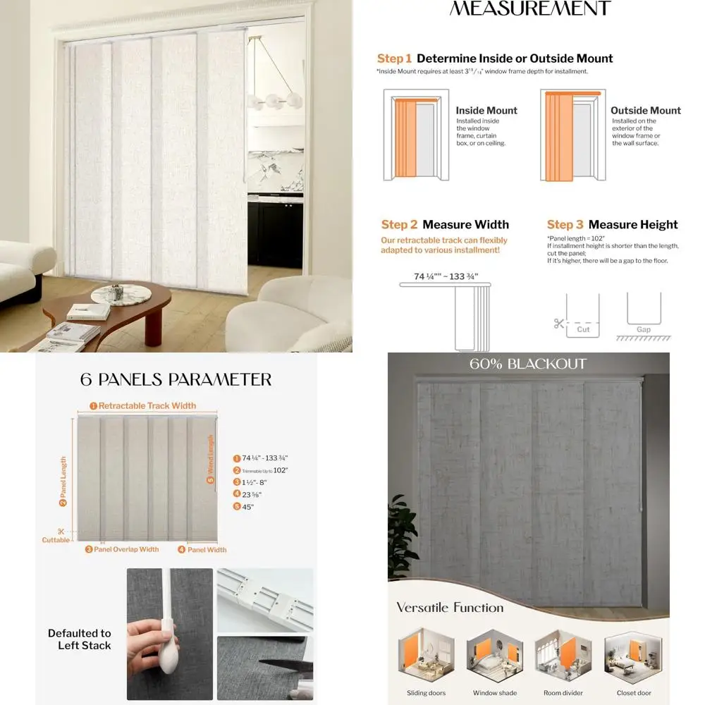 Persianas opacas verticales para puertas correderas - Pista de panel ajustable, Dimout Lino Beige, 133 de ancho x 102 de alto