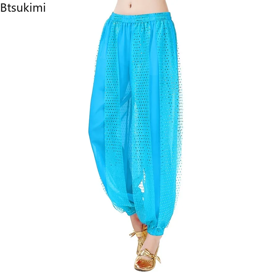 2025 New Indian Dance Pants Sequined Lantern Trousers Belly Dance Stage Performance Pants Fashionable Chiffon Jogger Dance Pants