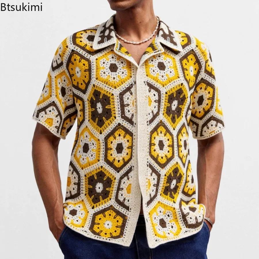 New Men's Ethnic Style Knit Polo Shirts Crochet Flower Patchwork Hollow Out T-shirts Men Retro Casual Loose Short Sleeve Shirts
