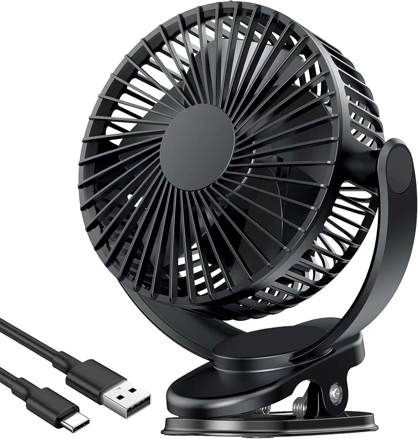 

ATEngeus Rechargeable Clip-on USB Desk Fan, 3 Speeds, 5000mAh Battery, 720Rotation, Sturdy Clamp for Home, Camping, Treadmill and Car
