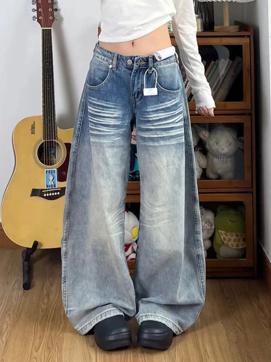 Y2k inverno jeans feminino grosso velo forrado calças de cintura alta perna larga baggy em linha reta calças compridas americano retro lavado denim