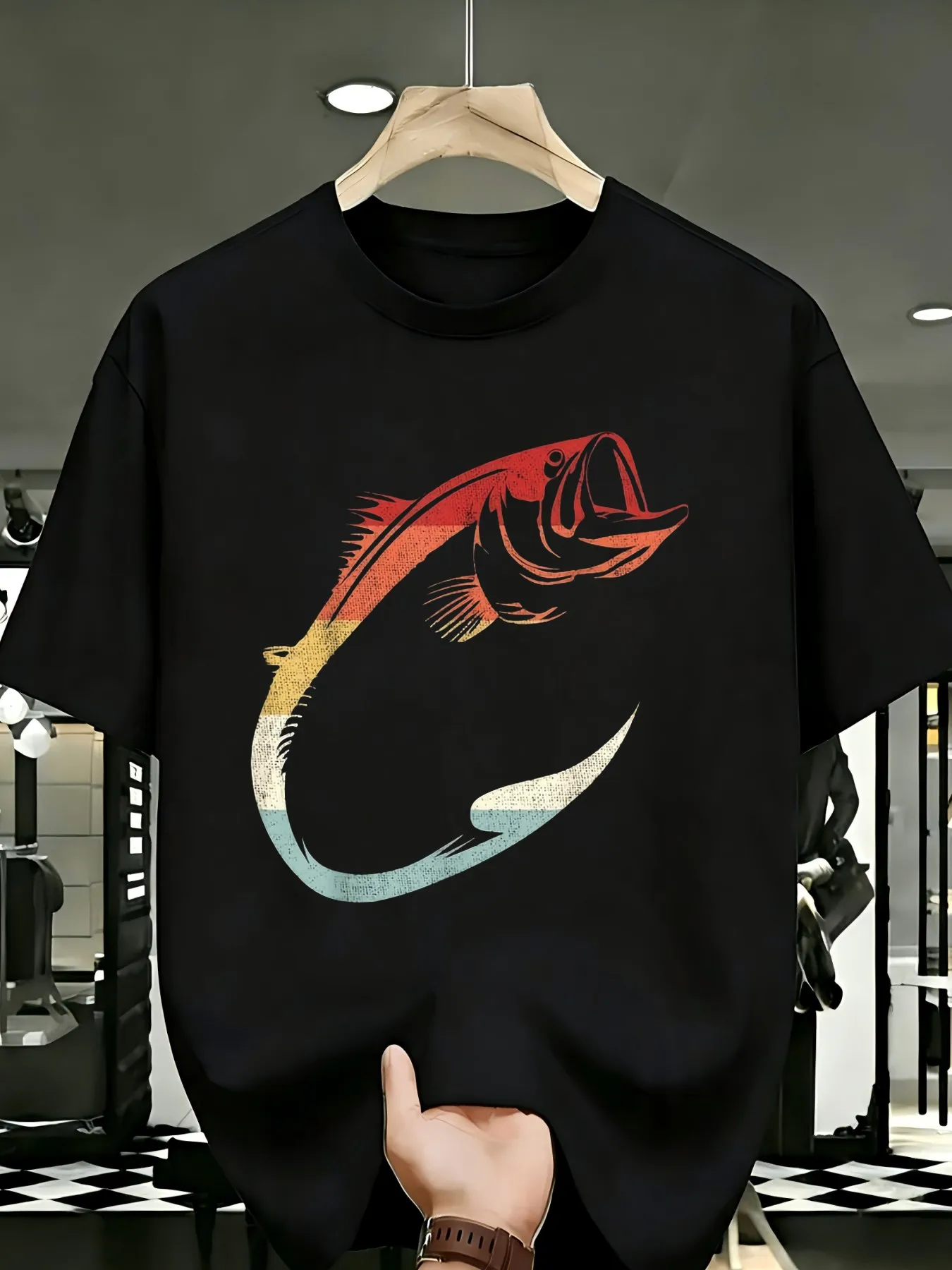 [Fishing Relaxed Fit T-Shirt] Men'S Fishing T-Shirt Relaxed Fit Crew Neck Short Sleeve Tee with Fish Hook Line Art Soft Casual Outdoor Wear for Anglers Themed Events Year-Round Comfortable Apparel