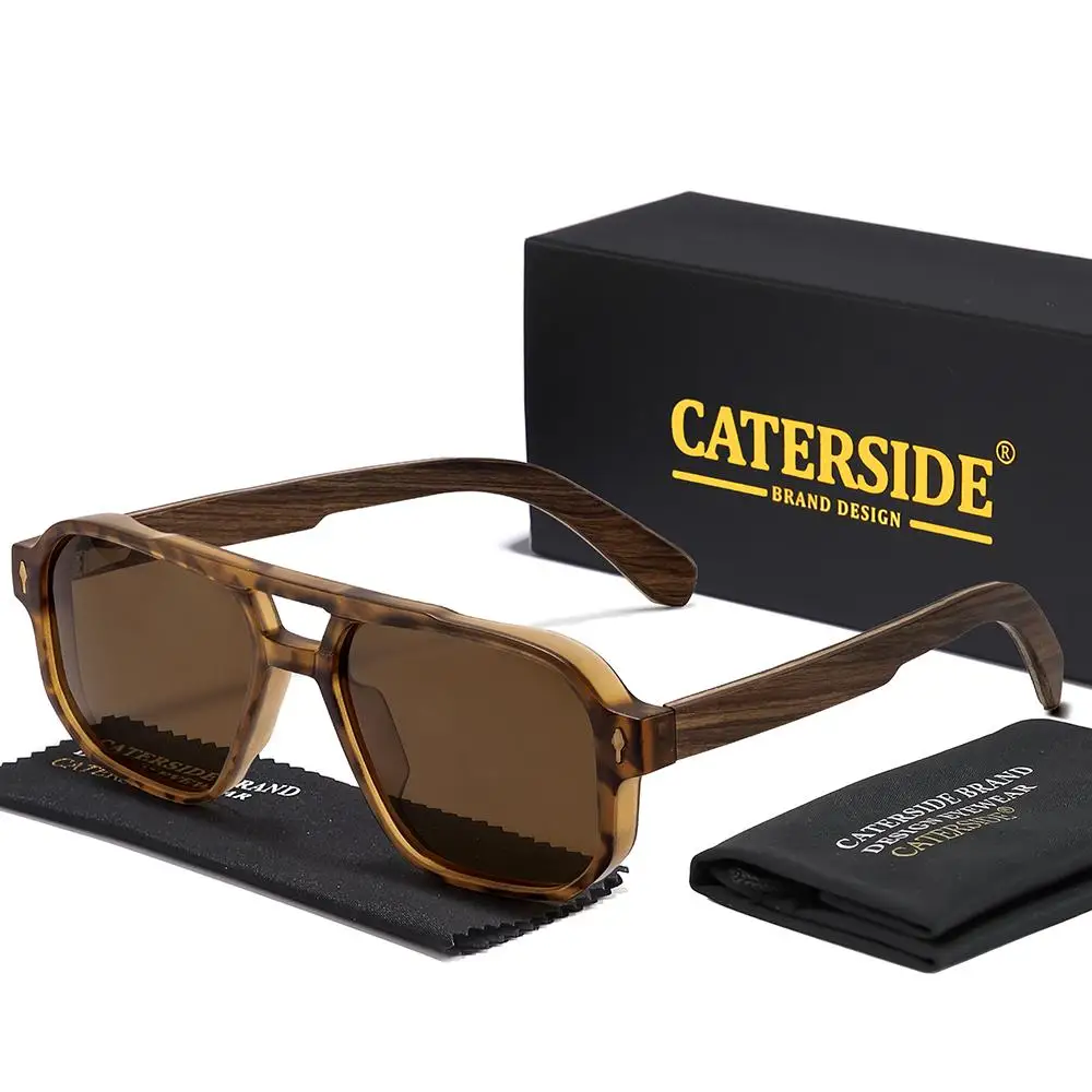 CATERSIDE Modische polarisierte Sonnenbrille für Herren, Holzbeine, flaches Doppelbrücken-Design, Sonnenbrille für Damen, Outdoor-Sommerbrille – Detail 21