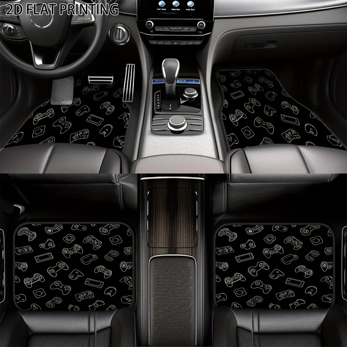 4pcs Black Patterned Symbol Print Car Floor Mats, Made Of Universal Polyester Material, Suitable For All Seasons And Weather, Pr
