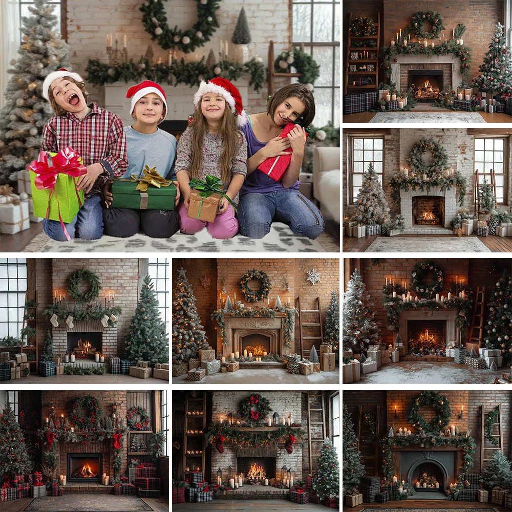 

Mocsicka Christmas Backdrop for Photography Interior Retro Brick Wall Fireplace Xmas Tree Wreath Family Portrait Photo Backdrops