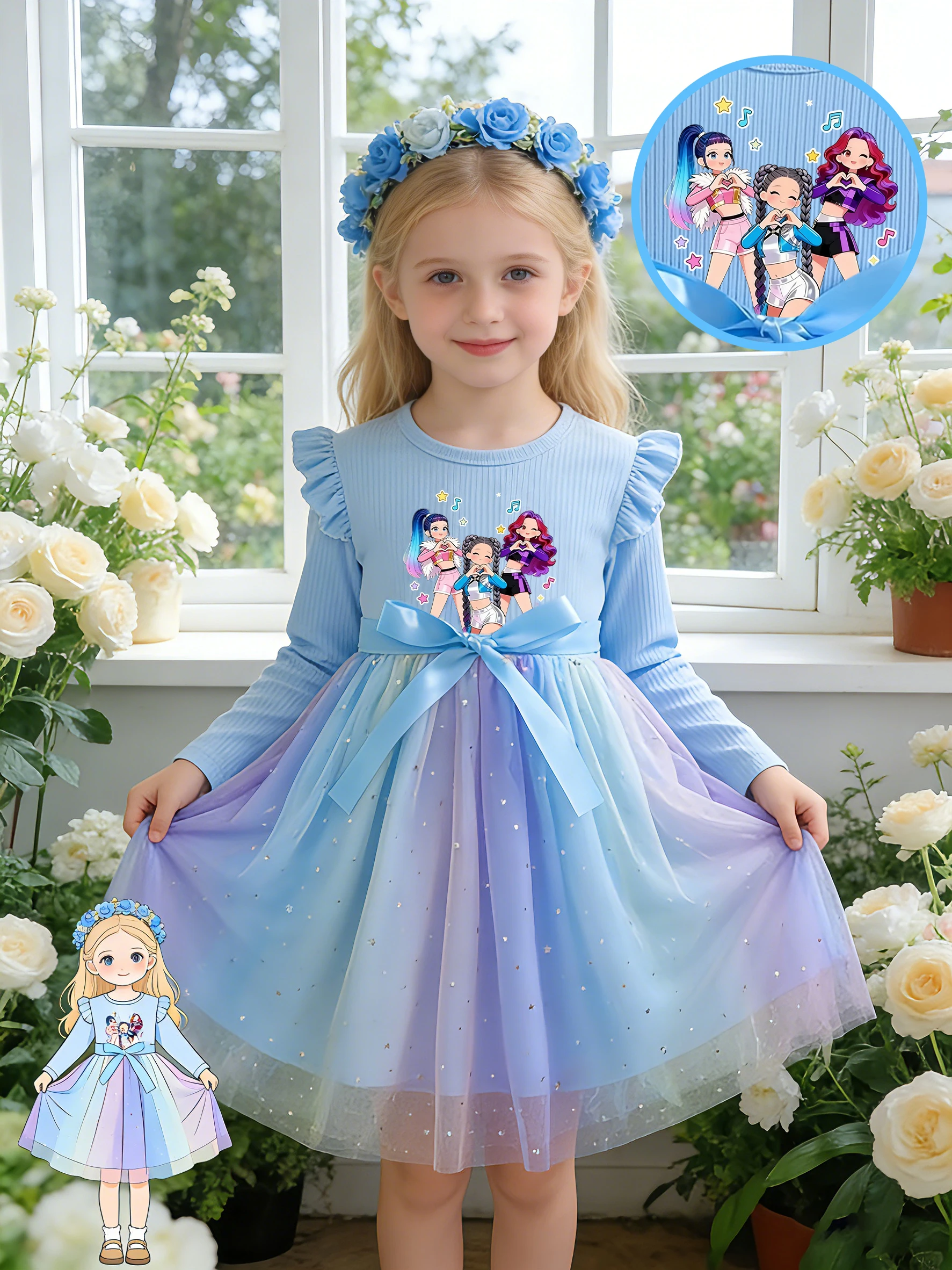 Girls' Energetic Girl Group Printed Dress, Gradient Starry Sky Tulle Princess Dress