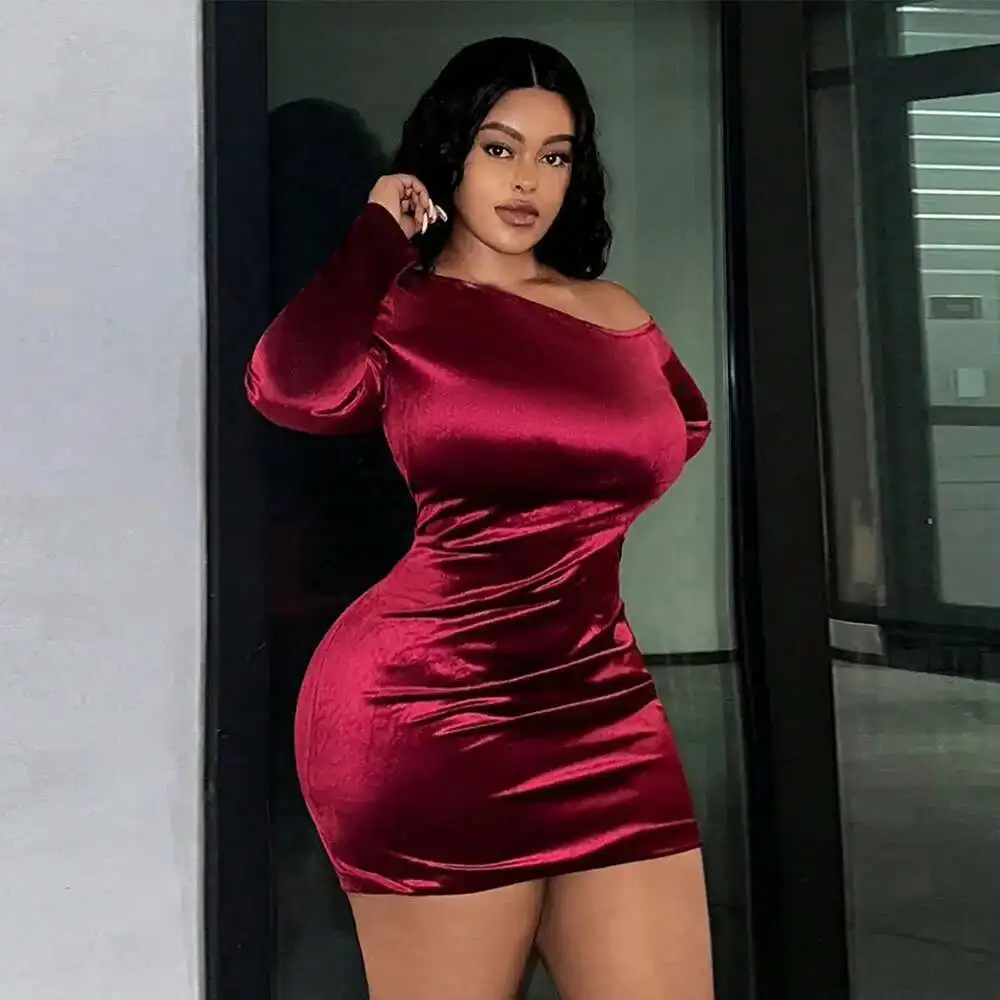

Size Large Women's 2025 Autumn and Winter Sexy Off Shoulder French Wrap Skirt Temperament Velvet Dress Elegantes Casual Y2k