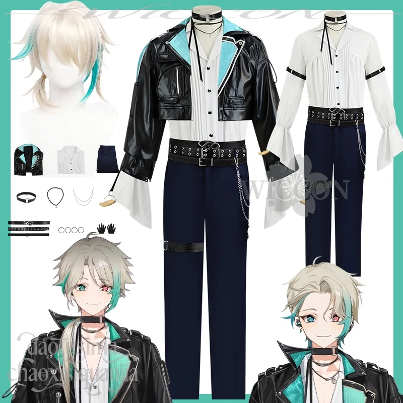 

AZA Косплей Аниме Vtuber VirtuaReal Youtuber Костюм Идола Сценический Костюм Пу Черные Шорты Пальто Рубашка Брюки Панк Пояс Хэллоуин Вечеринка