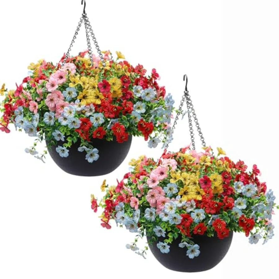 2 Pack Artificial Hanging Flowers Basket Set for Outdoor Decor 30 Bundles UV Resistant Fake Plants Spring Summer Decoration Fau
