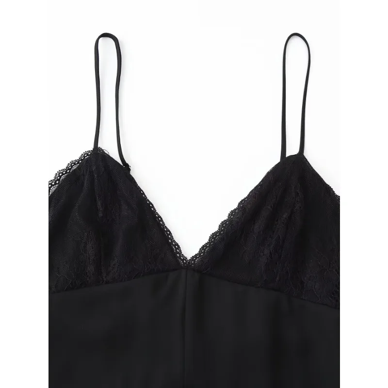 فستان حريري أسود سهل الارتداء - قميص نوم مزين بالدانتيل ورقبة على شكل حرف V وحزام سباغيتي مستوحى من أناقة S/S